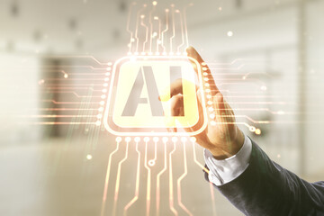 Aufkleber - Man hand working with abstract virtual artificial Intelligence symbol hologram on blurred office background. Multiexposure