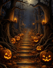 Wall Mural - Halloween haunted forest creepy landscape at night