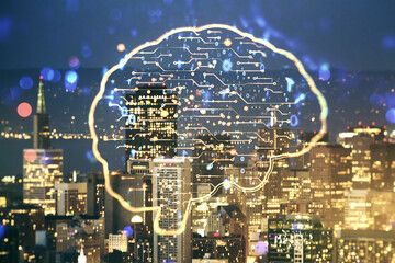 Poster - Virtual creative artificial Intelligence hologram with human brain sketch on San Francisco cityscape background. Double exposure