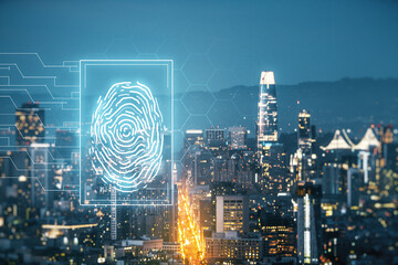 Aufkleber - Abstract virtual fingerprint hologram on San Francisco skyline background. Multiexposure