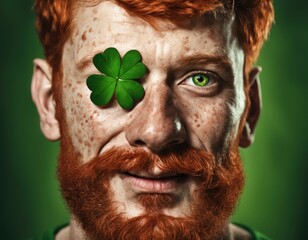 Red-haired man with clover on St. Patrick's Day. Portrait of AI.