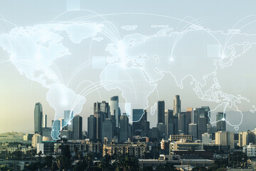Aufkleber - Abstract graphic digital world map hologram with connections on Los Angeles cityscape background, globalization concept. Multiexposure