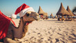 beautiful camel standing in desert and wear christmas hat