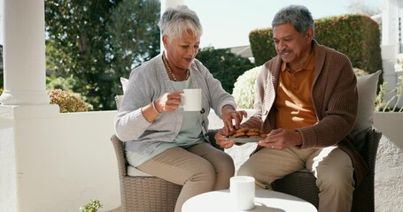 Sticker - Senior couple, drinking coffee and smile in outdoors, retirement and love for bonding, marriage and trust. Laughing old mexican people, support and relax on porch with food and morning conversation