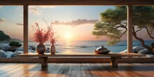 Creative Interior Concept. Wide Large Windows, An Oak Wooden Gallery Of The Room, Opening Onto A Beach Sunset Landscape. Product Presentation Template. Layout