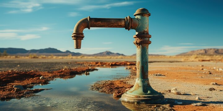 Lonely water faucet in the desert, desert without water, faucet in the desert