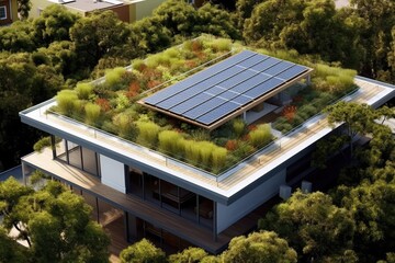 Modern green roof adorned with vibrant plants, complemented, green alternative energy concept,Generative AI.