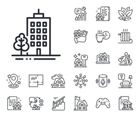 Poster - city architecture with tree sign. floor plan, stairs and lounge room outline icons. skyscraper build