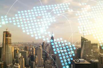 Aufkleber - Abstract virtual world map with connections on New York city skyline background, international trading concept. Multiexposure