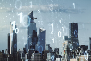 Aufkleber - Double exposure of abstract virtual binary code hologram on New York city skyscrapers background. Database and programming concept