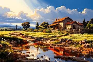 Wall Mural - Image of house by stream in field.