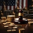 judge gavel and pile of gold coins and american flag background, ai generative