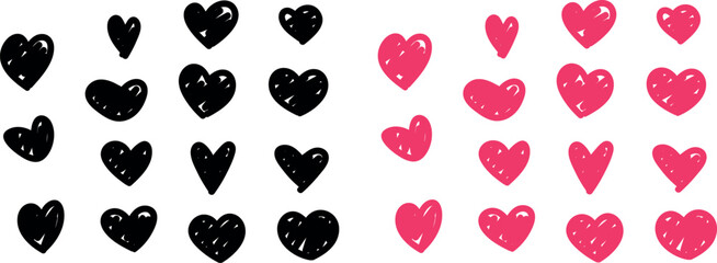 Poster - Hand drawn doodle line hearts. Hand drawn love symbol collection. Grunge illustrated heart set.