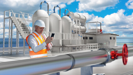 Poster - man is industrialist. technologist near chemical factory. gas storage tanks behind worker. man manuf
