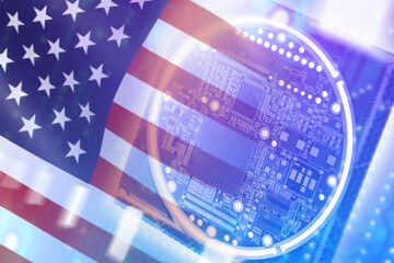 Wall Mural - Microprocessor with USA flag. Digital board made in USA. Semiconductor production concept. Manufacturing of microchips in USA. Import of semiconductor to America. Semiconductor industry. 3d image