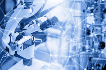 Poster - electronic microscope. scientific equipment. fragment of microscope in laboratory. scientific backgr