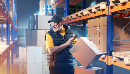Poster - Man in courier warehouse. Storekeeper is holding box and phone. Delivery warehouse manager. Storage racks with parcels on pallets. Warehouse of courier company. Man scans code on box with phone