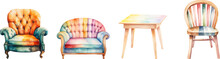 Set Of Watercolor Sofas, Tables, Chairs On White Background.