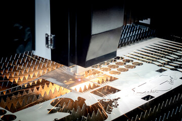 Poster - Laser cutting of steel. Machine for manufacturing metal products. Iron processing in production. Laser equipment for metal processing. Industrial machine. Manufacturing process of steel accessories