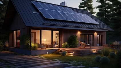 Wall Mural - Black solar panels on the roof. Beautiful, large modern house and solar energy. Generative AI