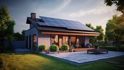 Wall Mural - Modern house with solar panels on the roof. Generative AI