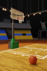 Basketball ball on wooden floor and sport arena with tribunes and lights in blurred background.3D rendering.