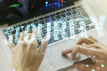 Aufkleber - Cyber security creative concept with hands typing on computer keyboard on background. Double exposure