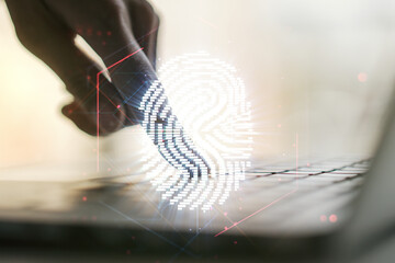 Aufkleber - Multi exposure of abstract fingerprint scan interface with hands typing on computer keyboard on background, digital access concept