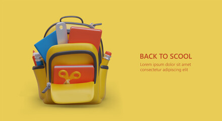 3D backpack filled with school supplies. Advertising poster on bright yellow background. Place for text. Back to school. Autumn sale announcement. Commercial store banner. Discounts for students