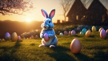 Easter Bunny Toy With Easter Eggs On Grass And Sunset In Background. Extremely Detailed And Realistc High Resolution Design