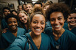 Group of doctors and nurses taking selfie in hospital corridor - Generative AI