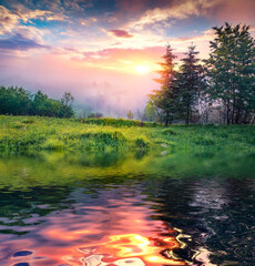 Wall Mural - Colorful clouds and fresh green meadow reflected in the calm waters of small pond. Amazing misty sunrise in Carpathian mountains, Ukraine. Beauty of nature concept background.