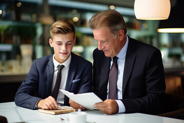 Wall Mural - An experienced businessman is mentoring a young employee, offering career guidance and wisdom in a one-on-one setting