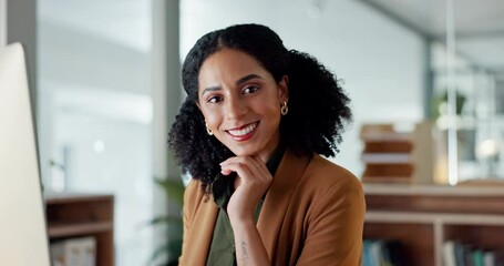 Aufkleber - Face, corporate and woman with a computer, business and typing with research, data analysis and email. Portrait, person or consultant with a pc, employee or website info with smile or search internet