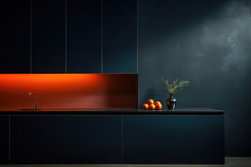 Close-up dark minimalist kitchen and decoration