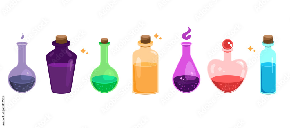 Colourful set collection of potion jars with magic liquids and substances. Design element icon for poison bottles or elixir isolated on white background