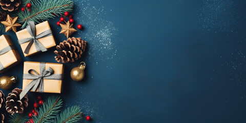 Wall Mural - Christmas and new year background - gift boxes, pine cones and branches on blue background with copy space