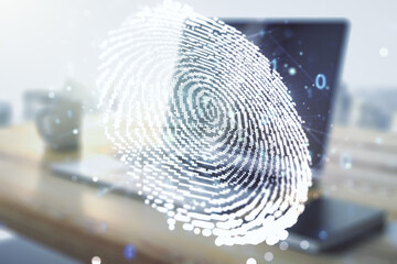 Aufkleber - Double exposure of abstract creative fingerprint hologram and modern desk with computer on background, protection of personal information concept