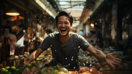 The man laughs and gives a thumbs up. man in the food market. Generative AI