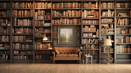 Bookshelves in the library with old books.