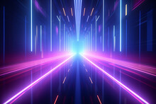 Neon light abstract background. Data transfer. Fast network. Tunnel or corridor pink blue neon glowing lights. Futuristic laser lines and LED create glow. Cyber club neon light. Sci fi.