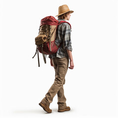 Portrait of male backpacker, isolated on white, transparent background