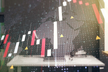 Aufkleber - multi exposure of abstract creative financial graph with world map and modern desktop with computer 