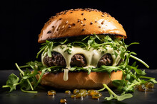 A Gourmet Hamburger Is Elevated With The Addition Of Luxurious Truffle Sauce And Peppery Arugula, Making It A Fine-dining Treat