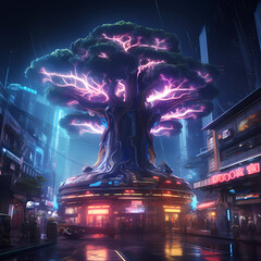 Wall Mural - Cyberpunk Retro Futuristic Tree with Neon Lights