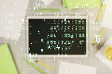 Aufkleber - Double exposure of abstract creative programming illustration with world map and modern digital tablet on background, big data and blockchain concept