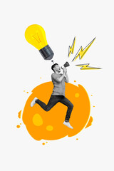 Poster - Vertical collage picture of excited mini black white colors guy jump run communicate loudspeaker big light bulb above head