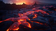 Volcanic landscape with molten lava flows creating radiant patterns. AI generative