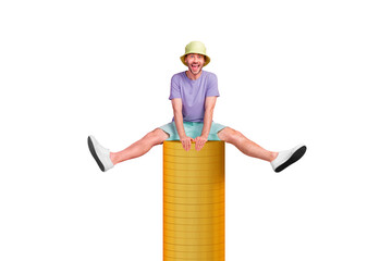 Sticker - Billboard 3d photo collage of crazy carefree man sitting pile stack golden coins have fun isolated on white color background