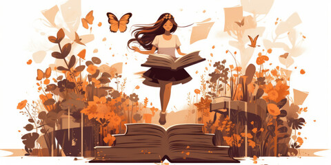 Young woman opening a huge open book surrounding the many flowers, leaves, plants. Back to school, library concept design. Vector illustration, poster and banner Book festival concept